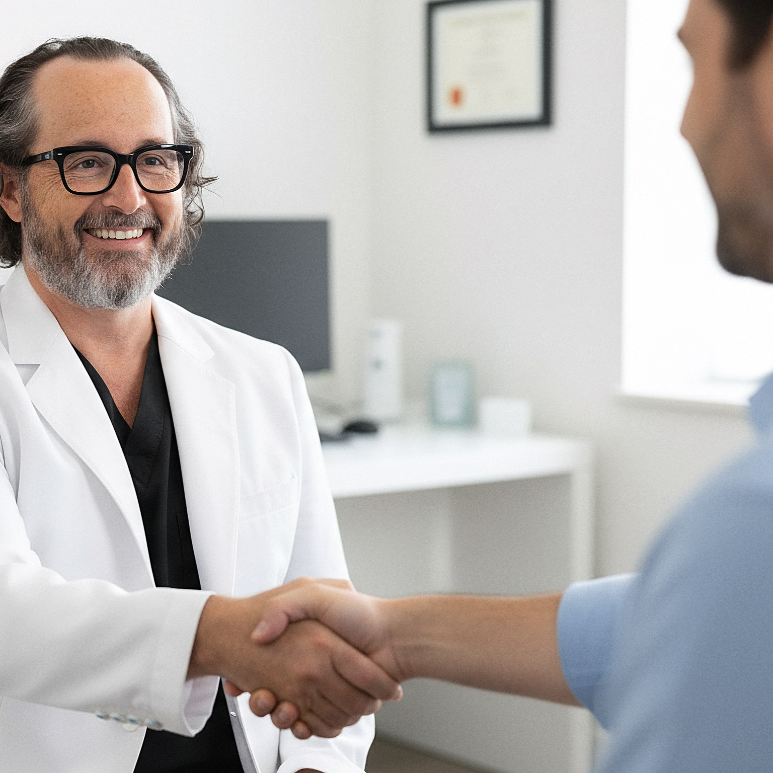 A friendly doctor in a white lab coat shakes a patient hand while in a modern medical office setting.