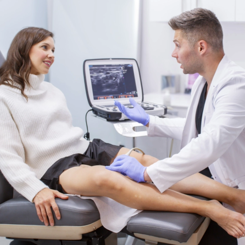 A friendly doctor in a white lab coat shows information about a vein treatment process on a tablet to a seated, smiling patient in a modern medical office setting.