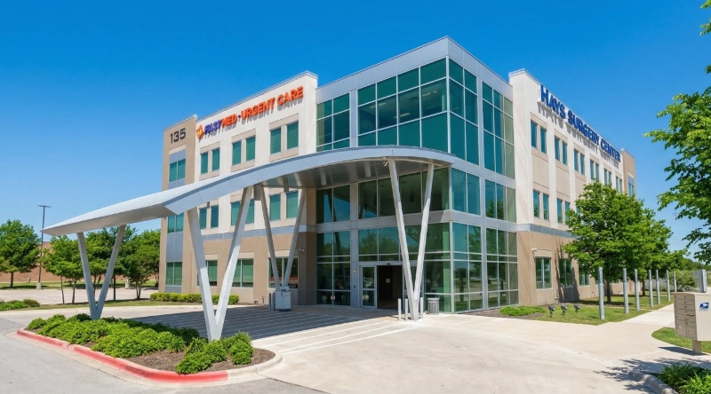 Exterior view Vein Treatment Clinic a modern medical office building under a clear blue sky.