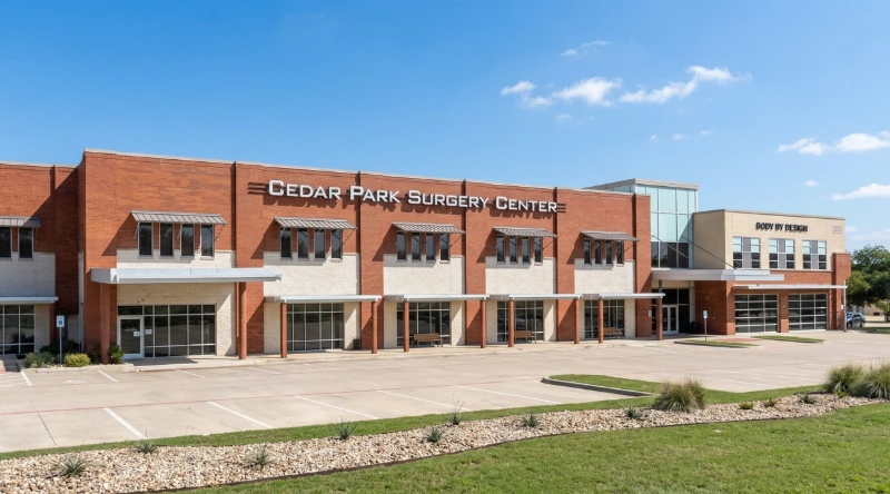 Exterior view Vein Treatment Clinic a modern medical office building under a clear blue sky.