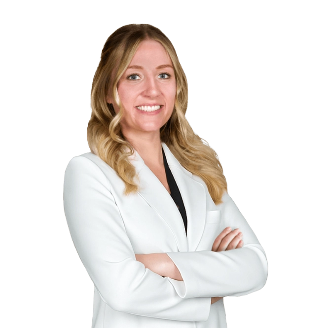 A professional portrait of a Physician Assistant at Vein Treatment Clinic. She is wearing a white medical coat and standing with her arms crossed, representing the expert and compassionate clinical team dedicated to patient care and pain relief.