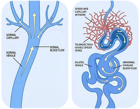 Two-panel medical diagram comparing normal and abnormal venous structures. The left panel shows a straight "Normal Venule" with upward "Normal Blood Flow" into healthy capillaries. The right panel depicts a "Dilated Venule" with "Abnormal Swirling Blood Flow" connected to a red, branching "Spider-web Capillary Network" labeled as "Telangiectasia (Visible Spider Veins)".