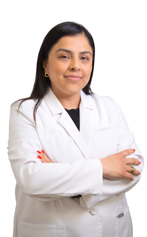 A professional portrait of a Physician Assistant at Vein Treatment Clinic. She is wearing a white medical coat and standing with her arms crossed, representing the expert and compassionate clinical team dedicated to patient care and pain relief.