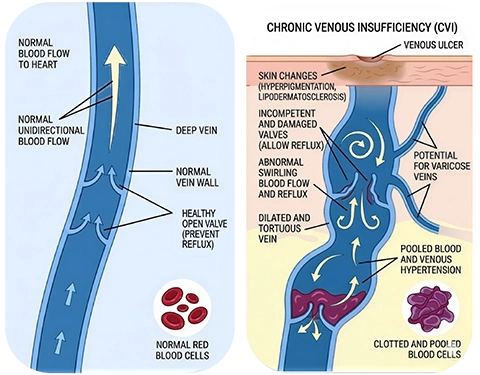A two-panel medical diagram comparing a healthy deep vein to one with Chronic Venous Insufficiency (CVI). The left panel shows functional valves guiding normal blood flow. The right panel depicts CVI, showing damaged valves, backward flow (reflux), pooling blood, and associated skin changes like hyperpigmentation and a venous ulcer.
