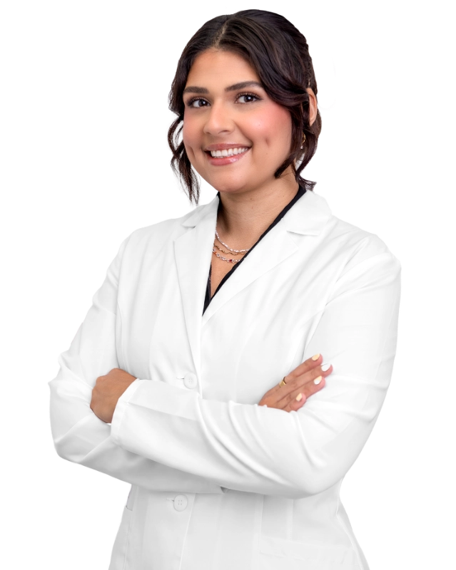 Professional headshot of the Advanced Practice Provider Sahar Hormozdiaran wearing a white lab coat, smiling at the camera against a grey background. This is a standard medical professional portrait used for clinic or practice identification.