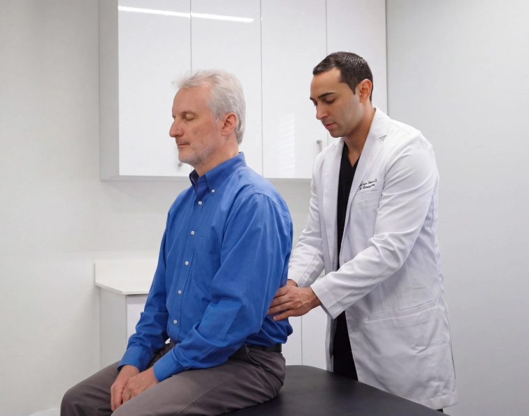 Back_optimized Dr. Hanna in a white lab coat standing behind a seated male patient in a blue button-down shirt, gently placing his hands on the patient's lower back during a physical examination in a modern clinical setting.