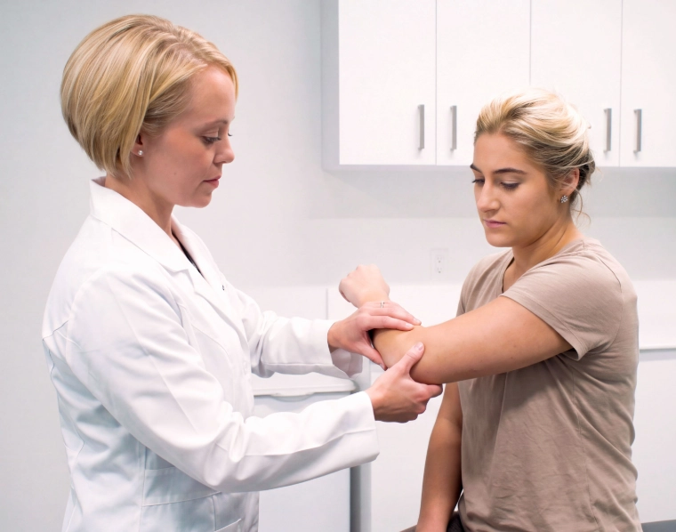 Joint_optimized Dr. Laura Lombardi wearing a white lab coat examining a patient's right elbow joint while the young woman, wearing a beige t-shirt, sits attentively in a bright, modern medical room with white cabinets in the background.