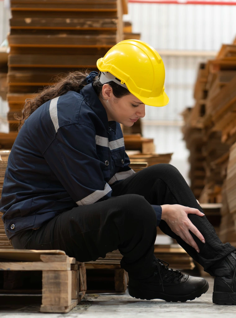 Leg_pain_condition_optimized A female warehouse worker sitting on a wooden pallet holding her lower leg in pain.