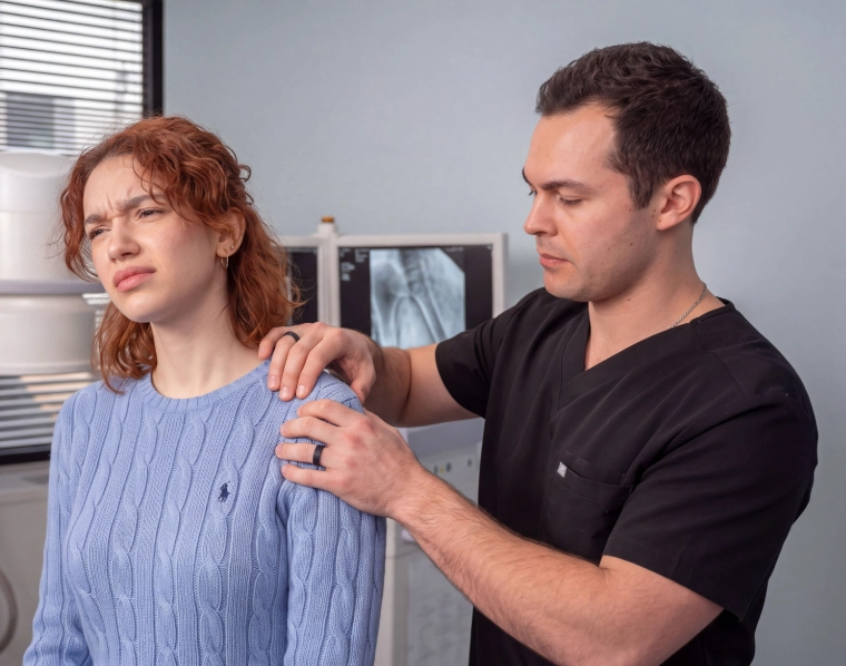 Shoulder_optimized Dr. Mele in black scrubs examining a young woman's left shoulder and collarbone while she winces in discomfort. The patient has wavy red hair and is wearing a light blue cable-knit sweater, with X-ray imaging monitors visible in the background.