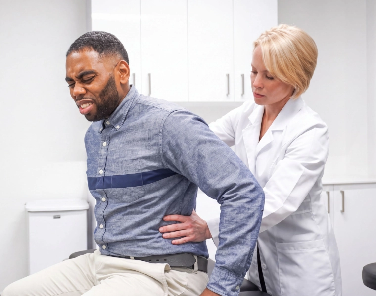 Spine_optimized Dr. Laura Lombardi in a white lab coat standing behind a seated Black male patient in a blue button-down shirt, placing her hand on his lower back during an examination as he winces in distress with eyes closed and teeth clenched in a bright medical room.