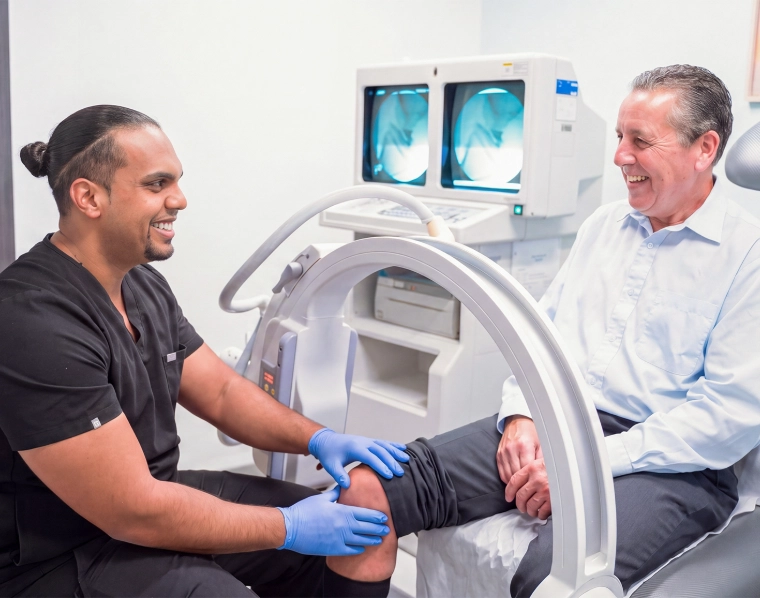 knee_optimized Dr. Deygoo in black scrubs and blue gloves examining an older man's knee during an appointment, with both men smiling in a bright medical room featuring a fluoroscopy C-arm machine and imaging monitors in the background.