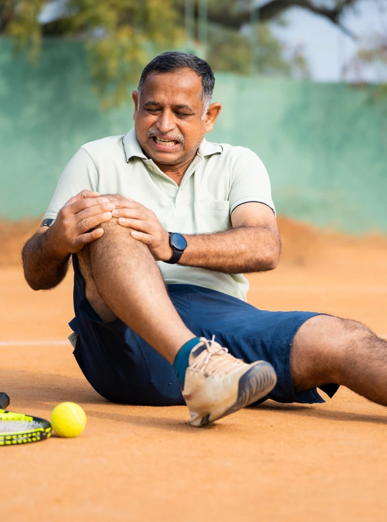knee_pain_condition A man sitting on a clay tennis court holding his injured knee in pain.