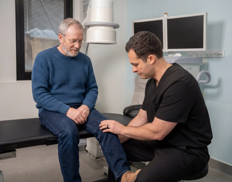 leg_optimized Dr. Mele in black scrubs sitting on a stool and examining an older male patient's leg near the knee while the patient, wearing a blue sweater and jeans, sits on an examination table in a medical office with imaging equipment in the background.