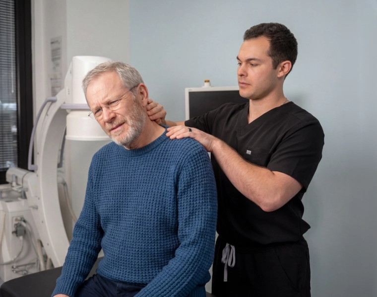 neck_optimized Dr. Mele in black scrubs examining an older man's neck and shoulder area as the patient, wearing a blue sweater and glasses, tilts his head and winces slightly in a medical room with imaging equipment in the background