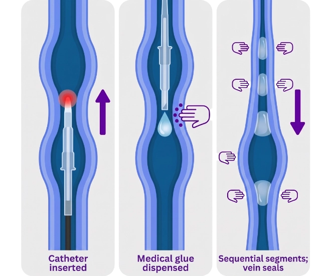 VenaSeal_procedure_optimized A three-panel medical illustration showing a 3-step varicose vein treatment process using medical glue on a grey background
